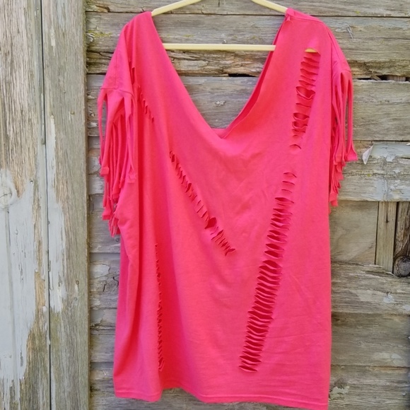 Distressed Fringe VneckHot Pink Tee - Picture 1 of 4